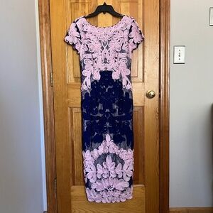 JS Collections Pink and Navy Embroidered Midi Dress